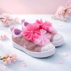 Skechers Twinkle Toes Sneakers Rose Gold Glitter Pink Tulle Bow Light Up Size 9